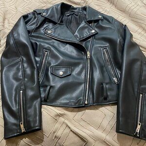 Zara Classic Black Faux Leather Jacket with Zipper Sleeves, Size XL